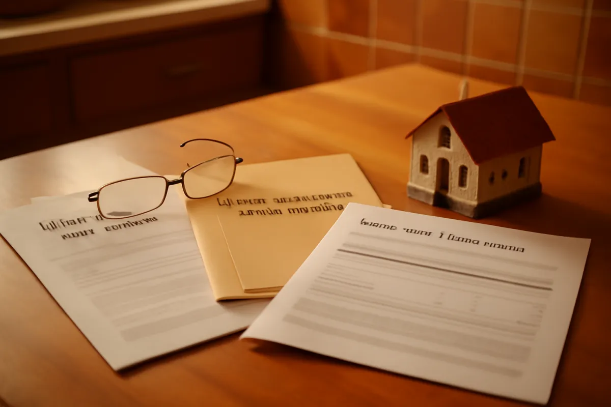 Printed paperwork and a folder on a desk with reading glasses and a small model house