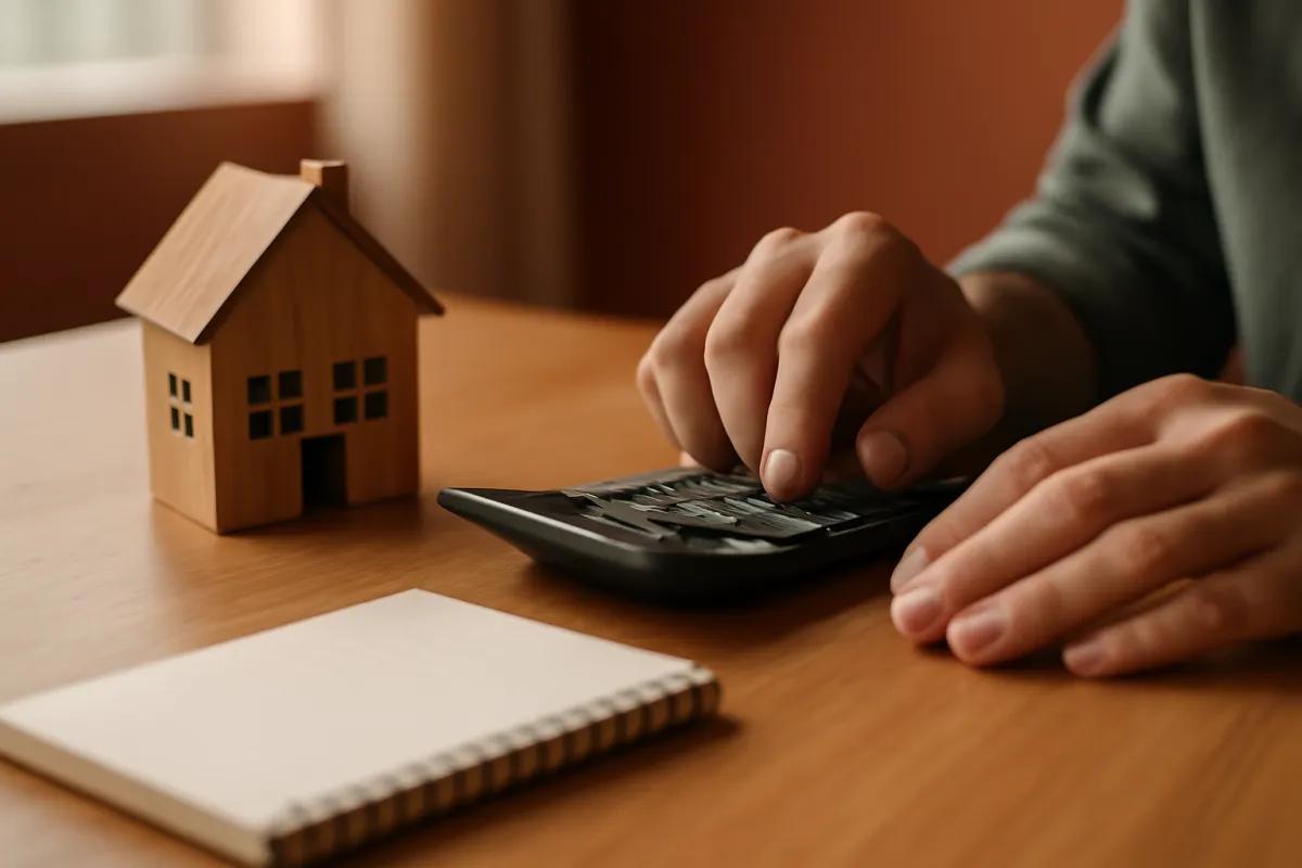 Hands working a calculator beside a small wooden model house and a notepad on a warm wooden desk