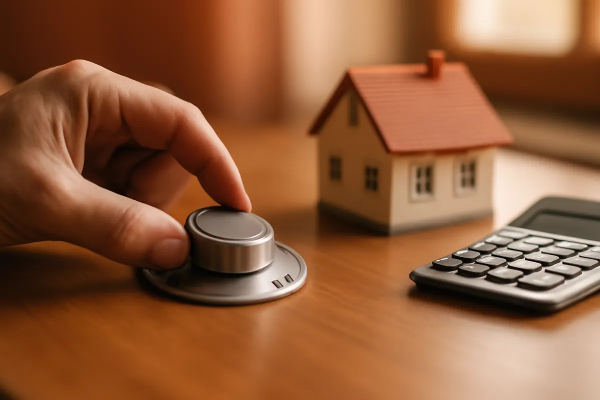 A hand adjusting a metal dial beside a small model house and a calculator on a warm wooden desk, illustrating a HELOC rate being set