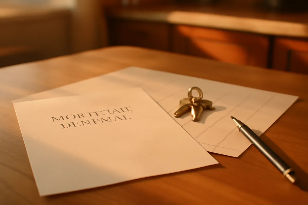 A mortgage renewal letter and a paper calendar on a kitchen table beside house keys and a pen