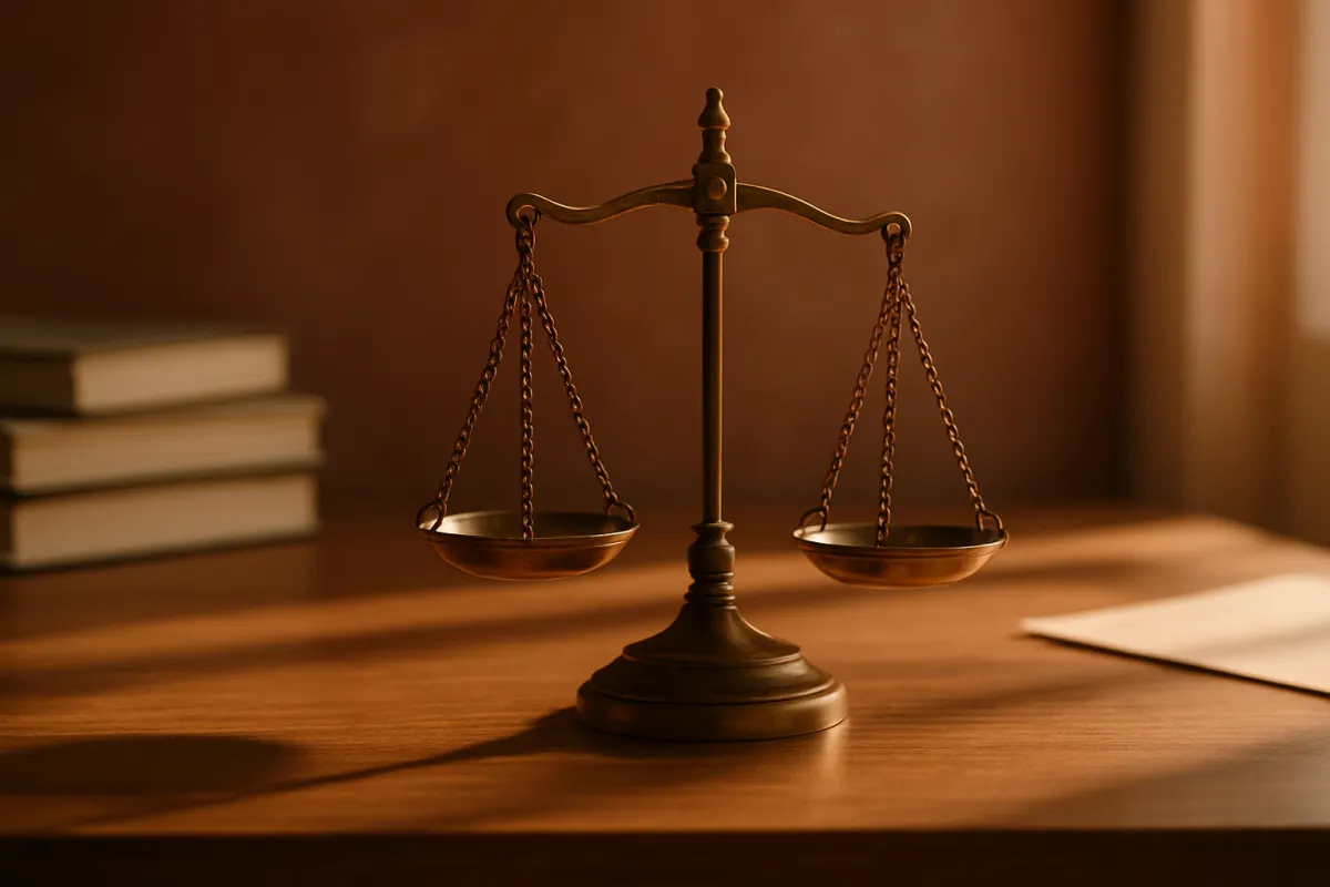 A brass balance scale on a wooden desk beside a stack of books