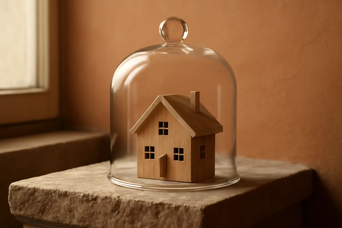 A small wooden model house standing under a clear glass dome on a stone ledge, with a warm terracotta wall behind it