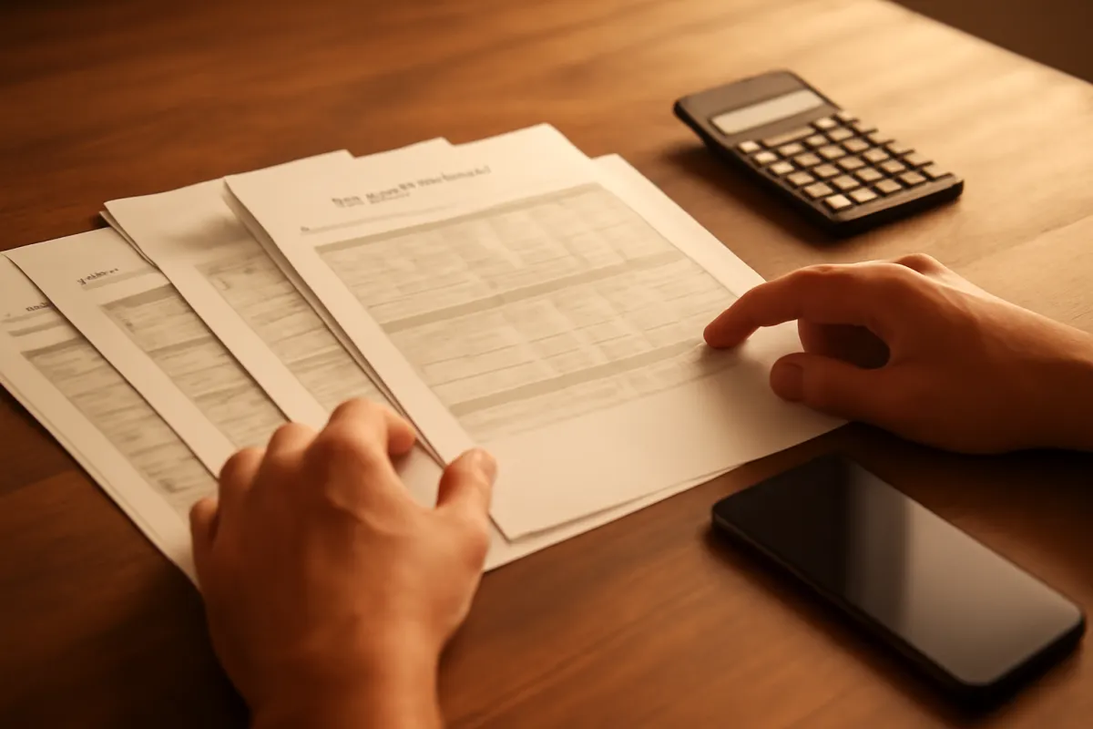 A person comparing several lender rate sheets side by side at a desk in warm natural light