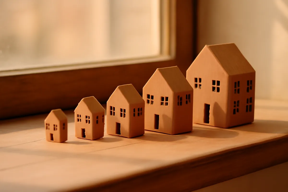 A row of small model houses of increasing size lined up on a warm windowsill