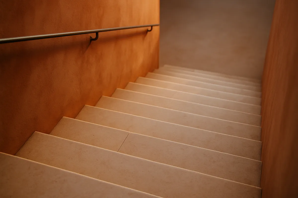 A descending flight of pale stone steps in warm morning light seen from above