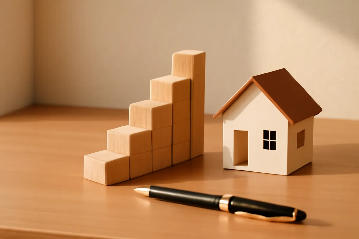 Ascending wooden blocks like a staircase beside a small model house on a warm-toned desk