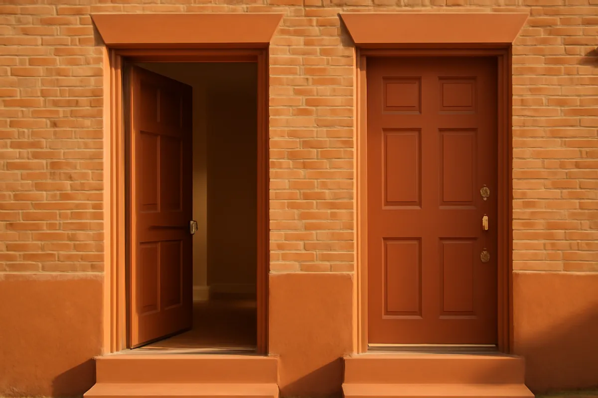 Two front doors side by side on a warm brick house facade, one open and one closed, in soft natural light