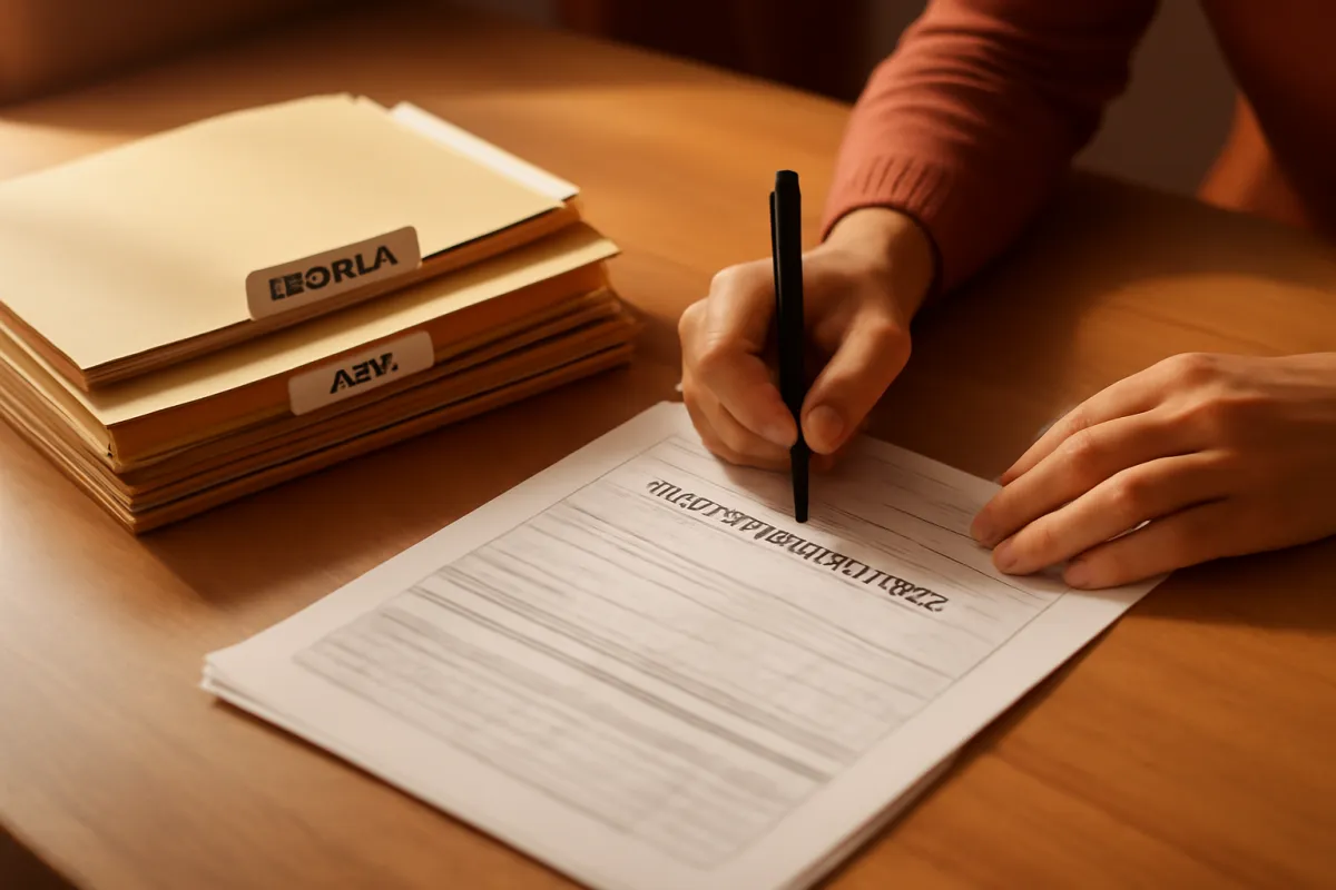 A person filling out a loan application form beside a stack of labeled document folders on a desk