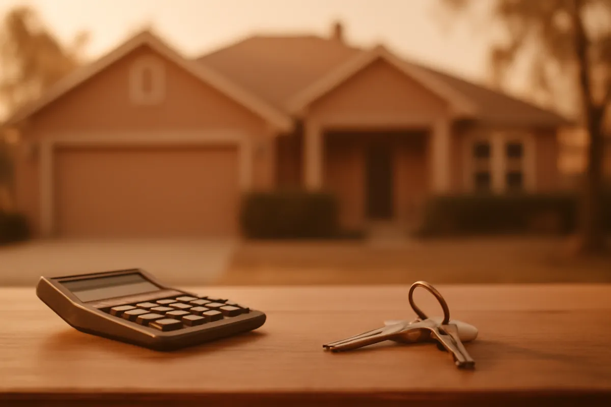 A warm-lit suburban house with a calculator and house keys on a wooden desk in the foreground