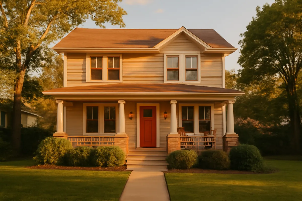 A warm-lit two-story suburban house at golden hour with a welcoming porch and tidy front lawn in an established leafy neighborhood