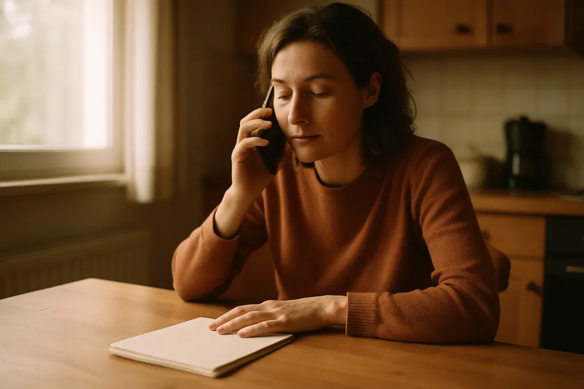 A woman in a rust coloured sweater sitting at a wooden kitchen table in soft window light, holding a phone to her ear with one hand and resting the other on a closed blank notebook