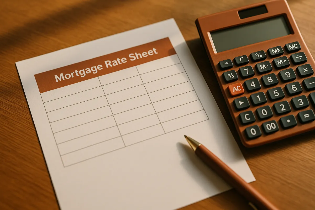 A lender rate sheet on a wooden desk beside a calculator and pen in warm light