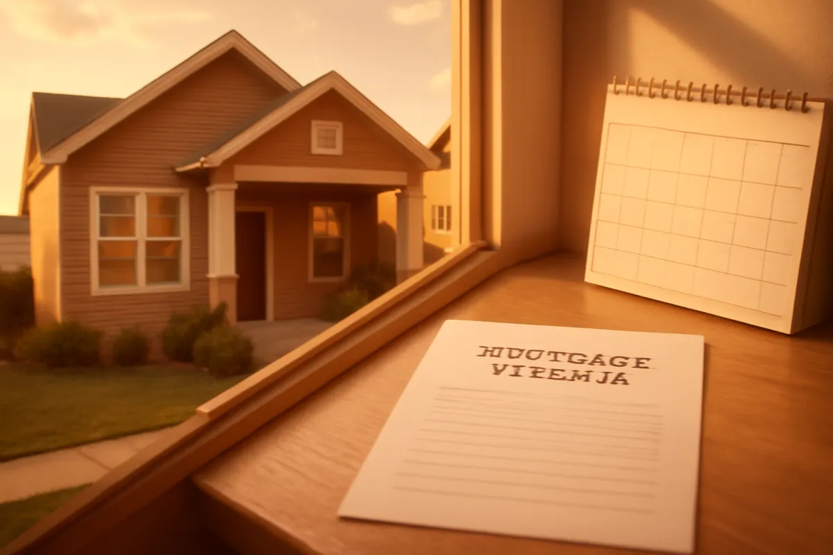 A warm suburban house beside a desk holding a mortgage renewal document and a wall calendar at golden hour