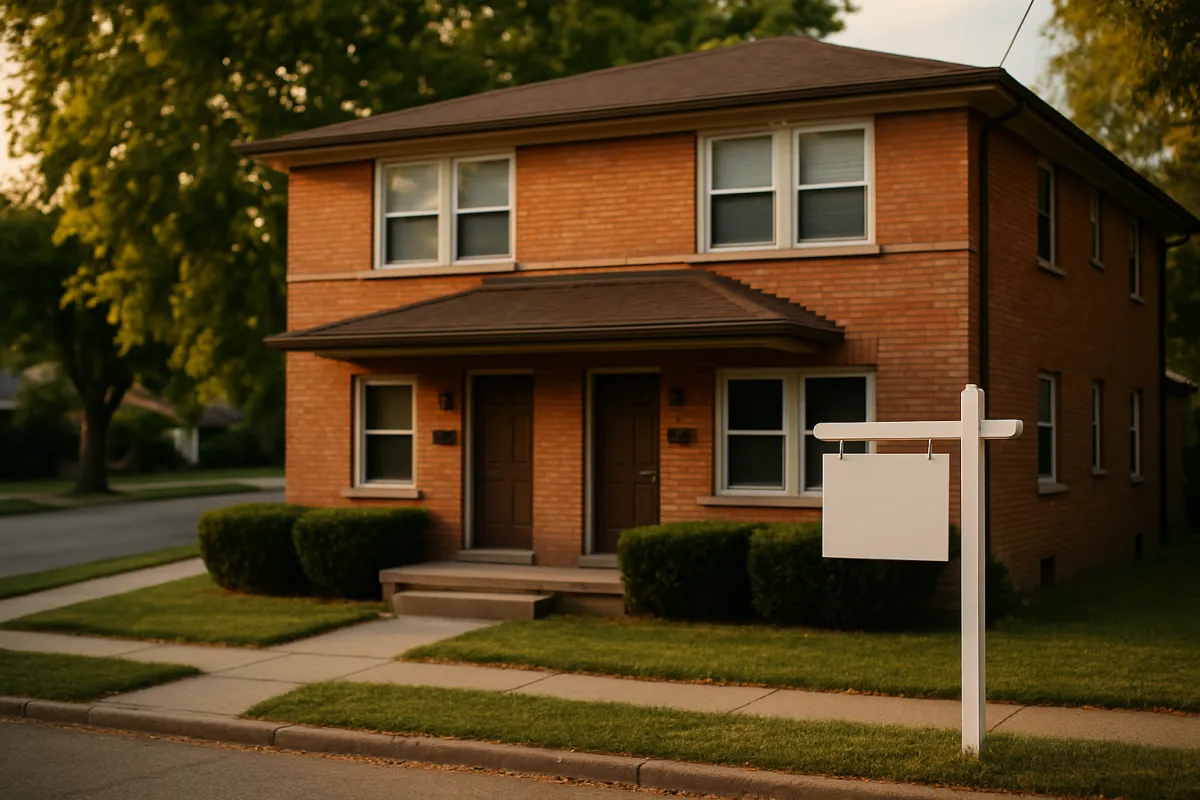 A two-story brick building with two adjacent front doors on a residential street, with a white post sign holding a blank panel on the front lawn in warm evening light