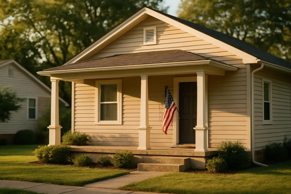 A cream clapboard house with a covered front porch and white columns, an American flag hanging beside the front door, and a mown lawn in warm sunlight
