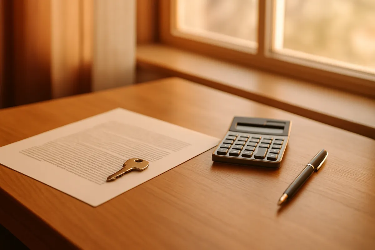 A printed page with a small gold-colored key resting on it, beside a calculator and a pen on a wooden desk by a sunlit window