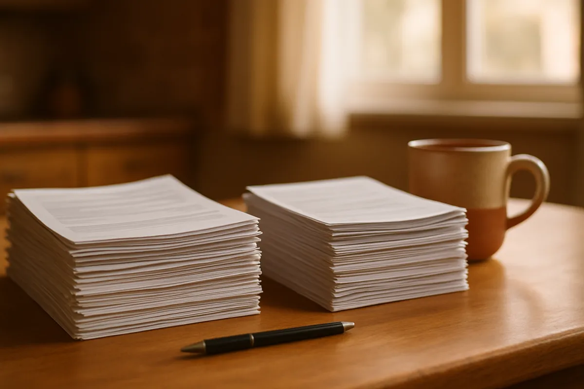 Two neat stacks of printed pages side by side on a warm wooden table with a pen and a two-tone ceramic mug in soft window light