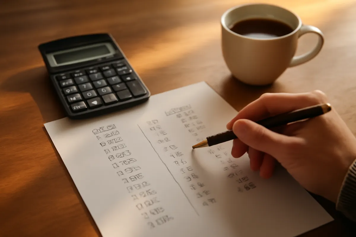 A hand writing columns of numbers on paper beside a calculator and a cup of coffee on a sunlit wooden desk